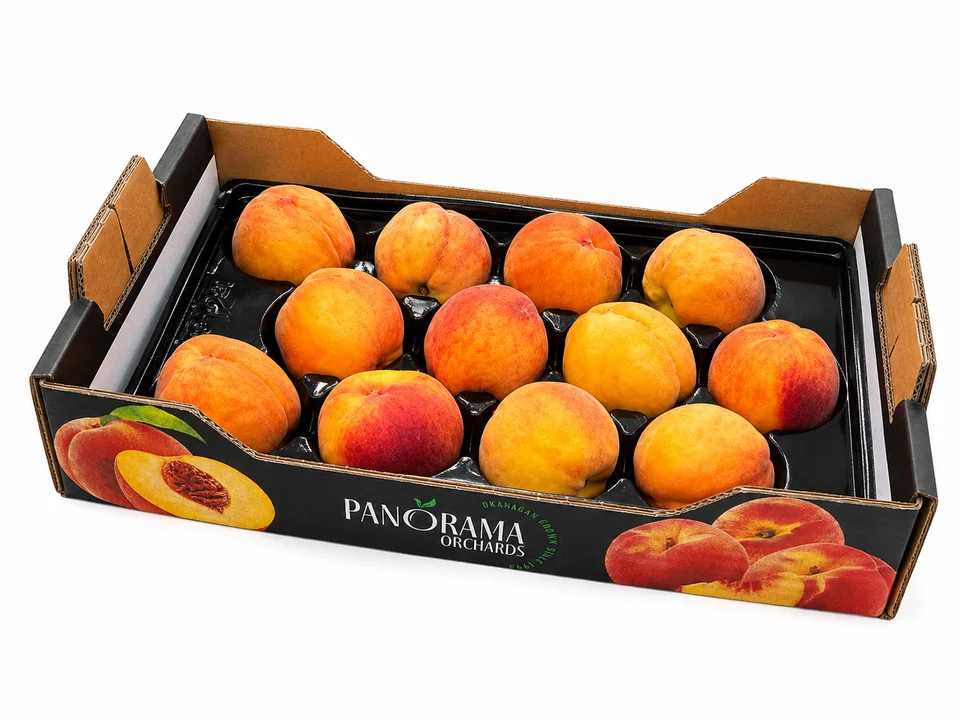 Peaches in a Panorama Orchards branded tray